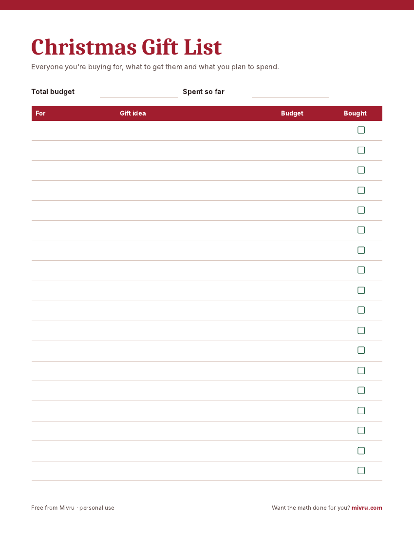 Preview of the free printable Christmas Gift List page